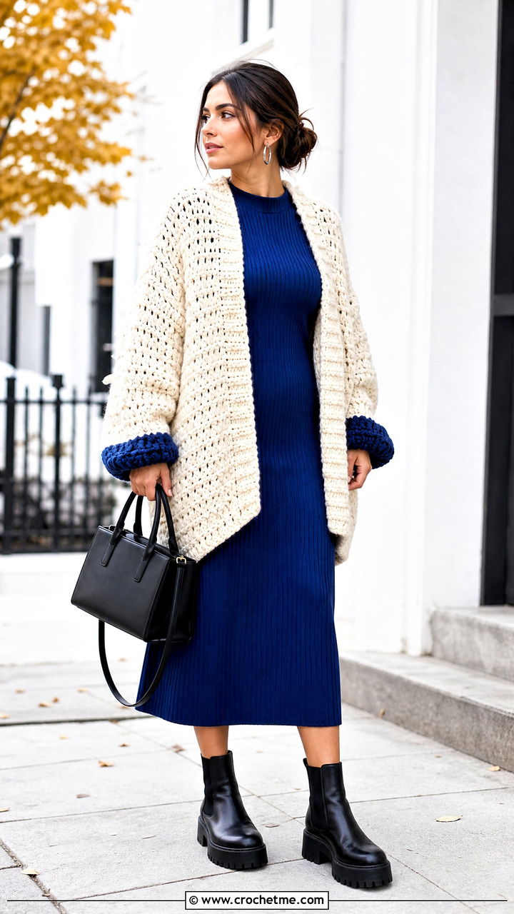 Cream Oversized Chunky Crochet Cardigan With Knit Dress - 35 Cream Crochet Cardigan Outfit ideas