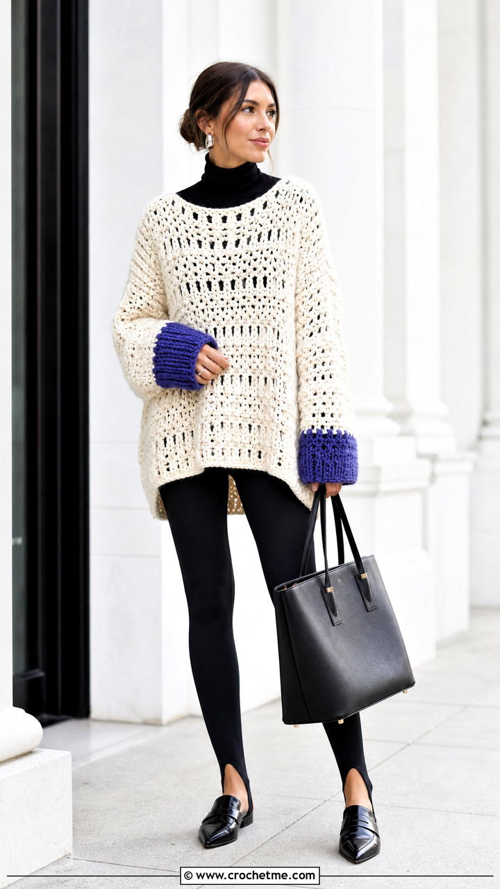 Cream Oversized Crochet Sweater Top With Stirrup Leggings - 35 Cream Crochet Top outfit ideas