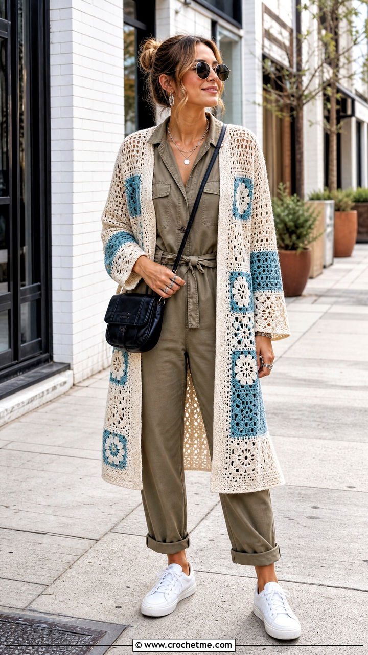 Cream Patchwork Crochet Cardigan With Utility Jumpsuit - 35 Cream Crochet Cardigan Outfit ideas
