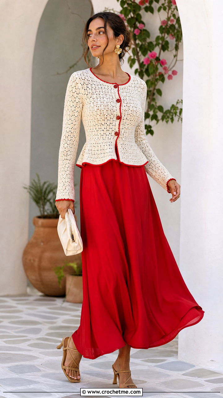 Cream Peplum Crochet Cardigan With Maxi Skirt - 35 Cream Crochet Cardigan Outfit ideas