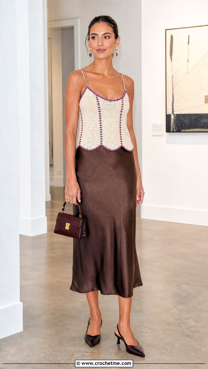 Cream Scallop Hem Crochet Camisole With Satin Midi Skirt - 35 Cream Crochet Top outfit ideas