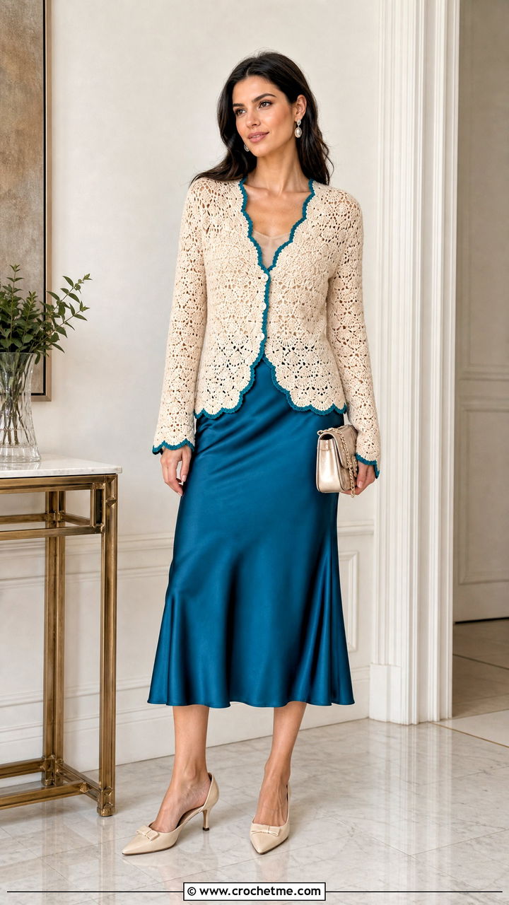 Cream Scalloped Crochet Cardigan With Satin Skirt - 35 Cream Crochet Cardigan Outfit ideas