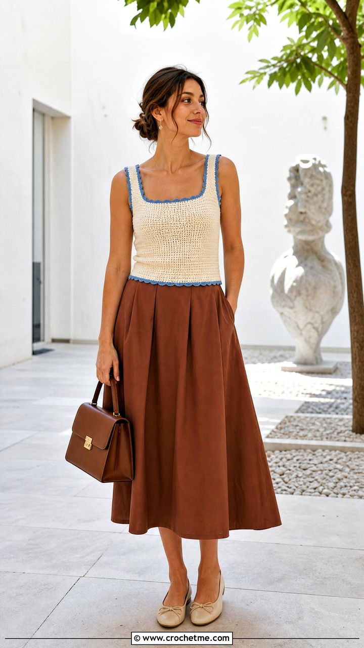 Cream Square Neck Crochet Tank Top With A Line Midi Skirt - 35 Cream Crochet Top outfit ideas