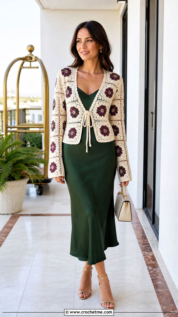 Cream Tie Front Crochet Cardigan Top With Slip Dress - 35 Cream Crochet Top outfit ideas