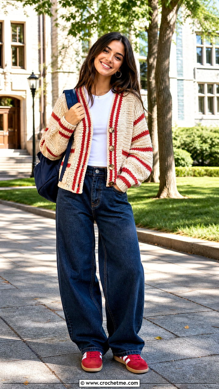 Cream Varsity Stripe Crochet Cardigan With Dark Denim - 35 Cream Crochet Cardigan Outfit ideas