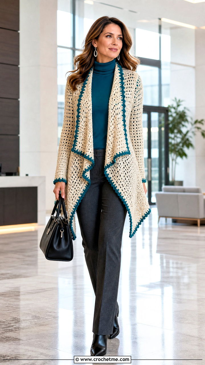 Cream Waterfall Crochet Cardigan With Turtleneck Outfit - 35 Cream Crochet Cardigan Outfit ideas