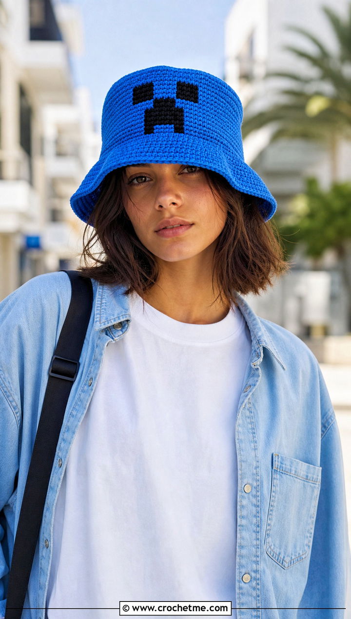 Creeper Bucket Hat With T Shirt And Jorts - 20 Minecraft Crochet Hat outfit ideas