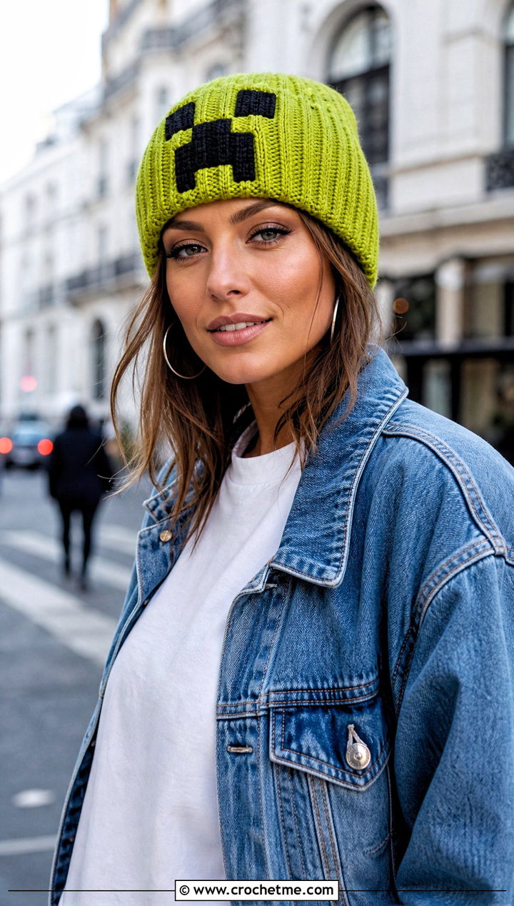 Creeper Ribbed Beanie With Denim Jacket - 20 Minecraft Crochet Hat outfit ideas