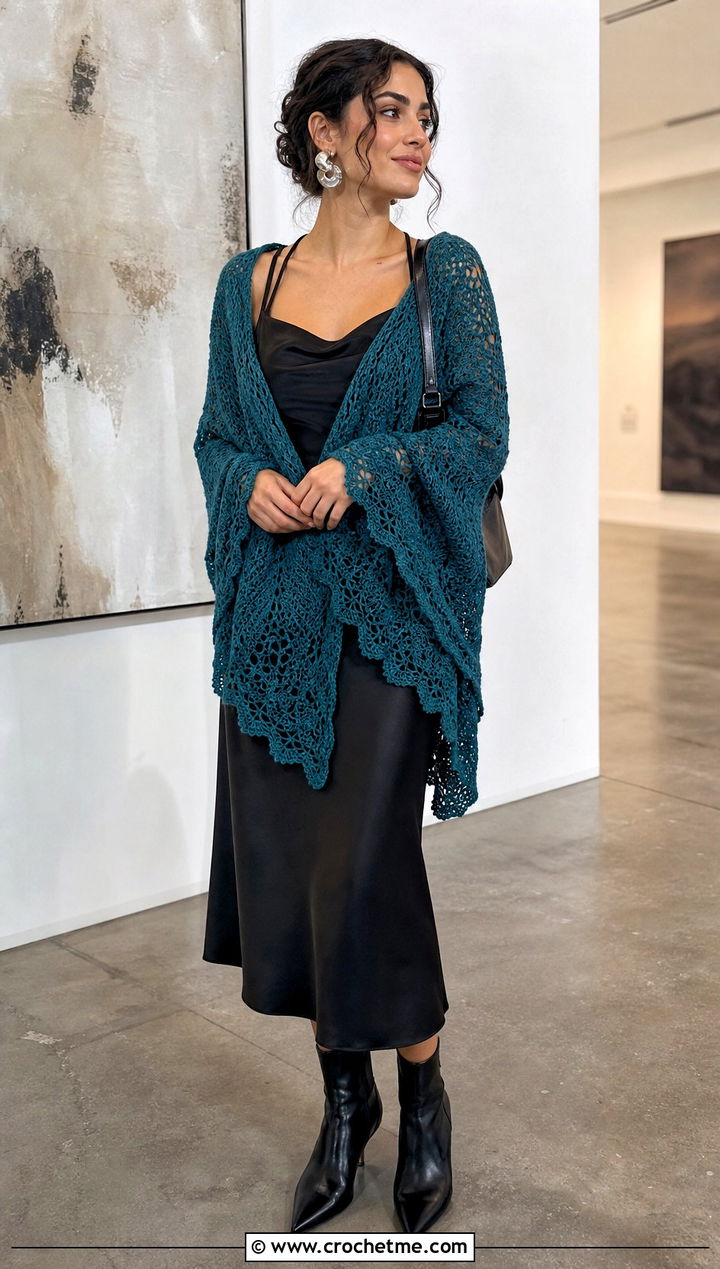 Crescent Skein Crochet Shawl With Slip Dress And Ankle Boots - 15 Easy 1 Skein Crochet Shawl outfit ideas