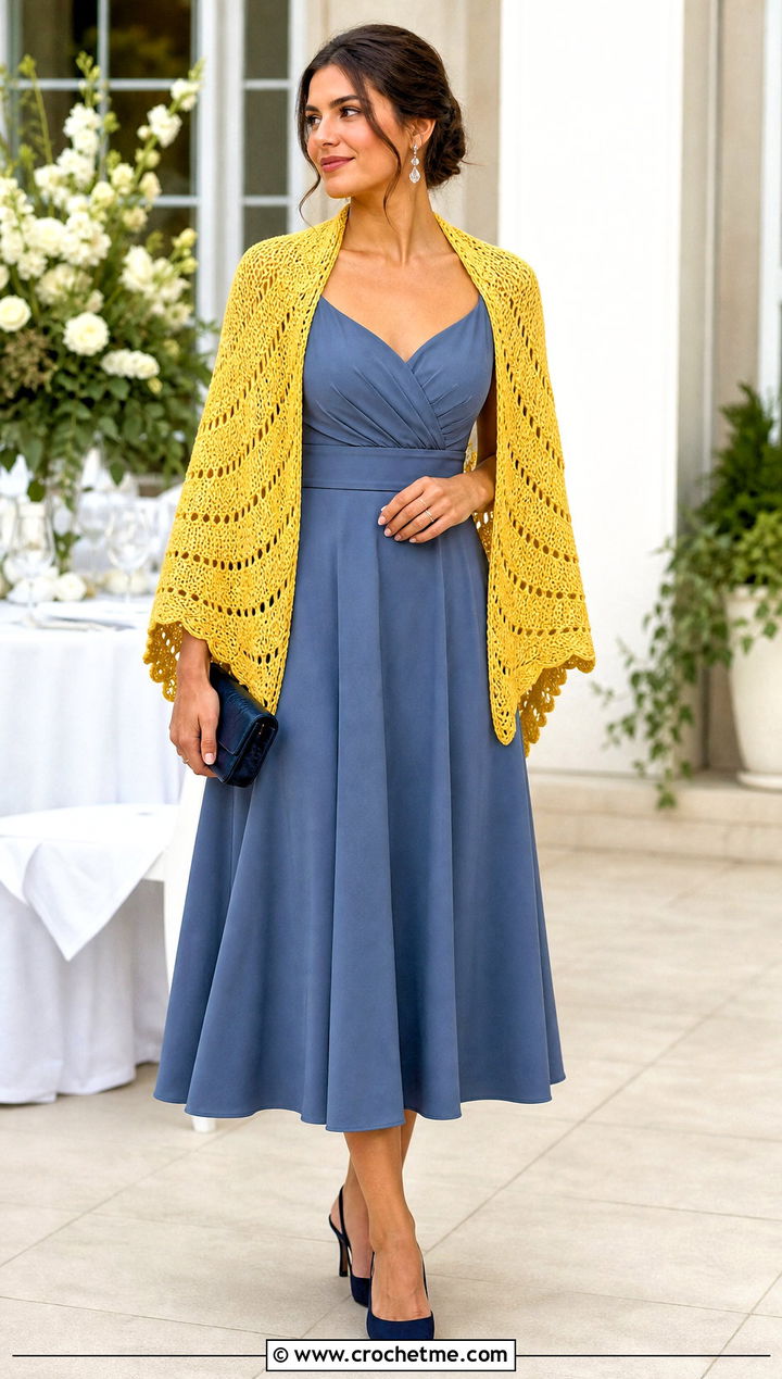 Crescent Block Stitch Crochet Shawl With A Midi Dress - 15 Block Stitch Crochet Shawl outfit ideas
