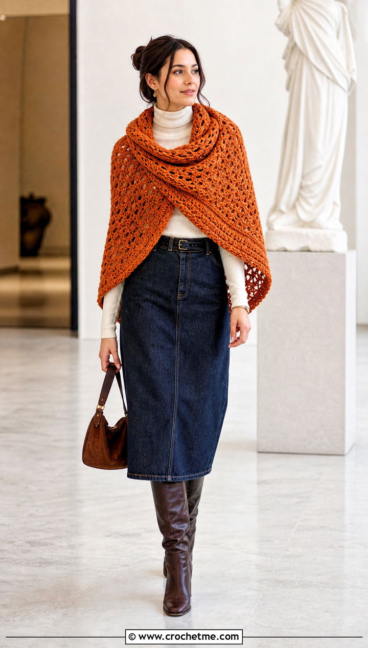 Crescent Bulky Yarn Crochet Shawl With Denim Midi Skirt - 20 Bulky Yarn Crochet Shawl outfit ideas