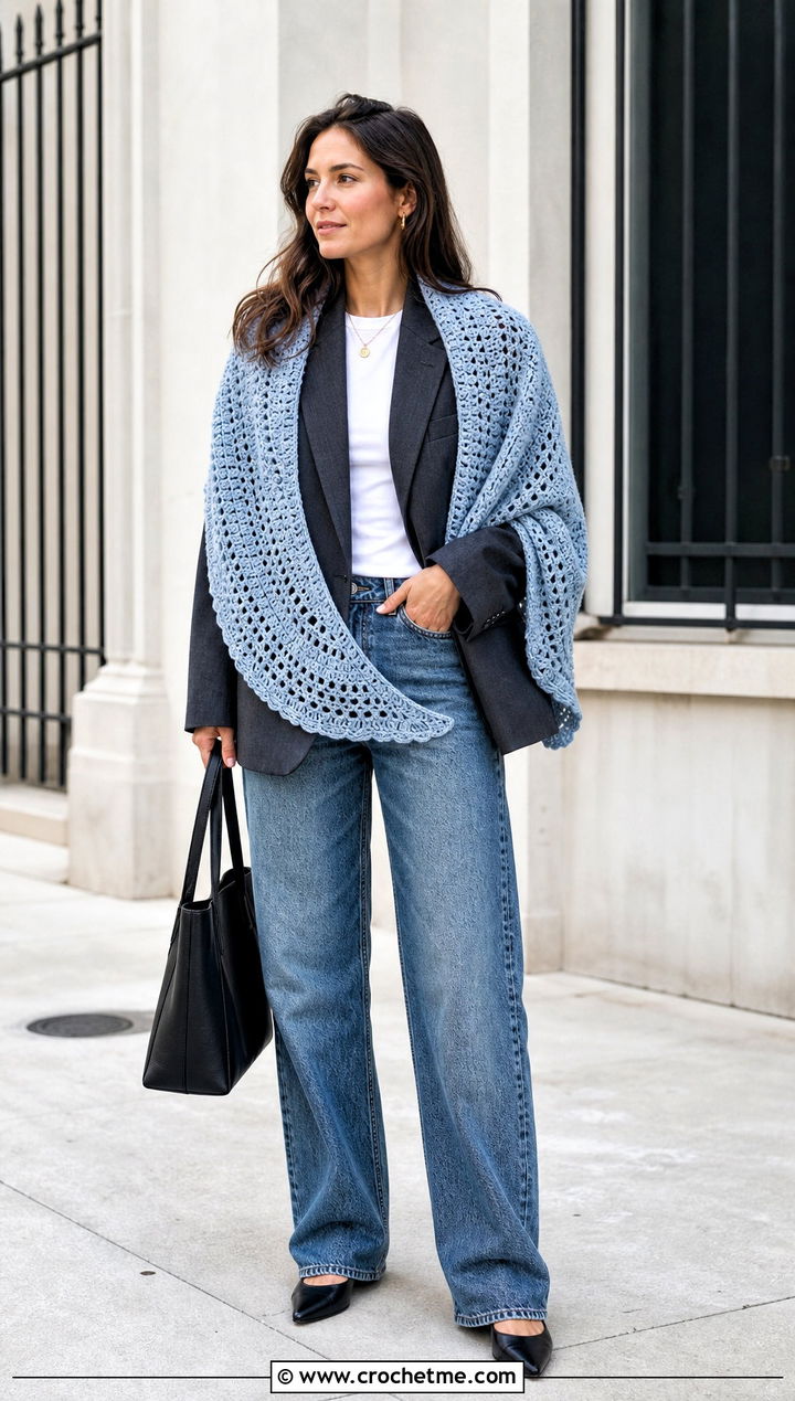 Crescent Crochet Blanket Shawl With Blazer And Jeans - 30 crochet blanket shawl outfit ideas