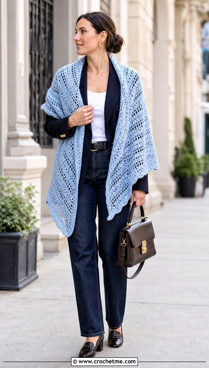 Crescent Crochet Blanket Shawl With Blazer - 15 Crochet Shawl Blanket outfit ideas