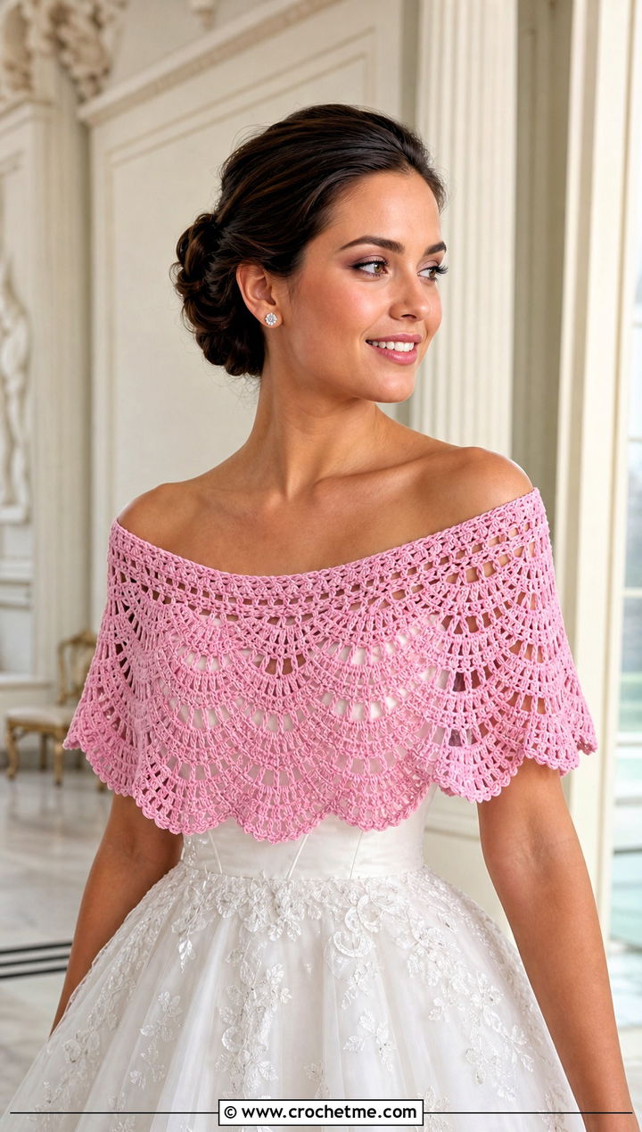 Crescent Crochet Bridal Shawl With Off Shoulder Ball Gown - 25 Crochet Bridal Shawl outfit ideas