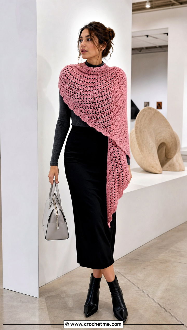 Crescent Crochet Circular Shawl With a Column Skirt - 30 crochet circular shawl outfit ideas