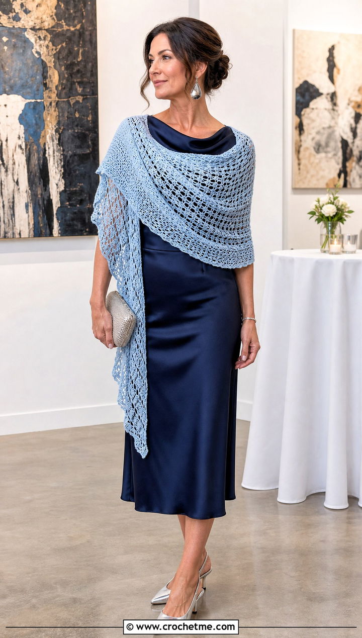 Crescent Crochet Cotton Shawl With Satin Midi Dress - 15 Crochet Cotton Shawl outfit ideas