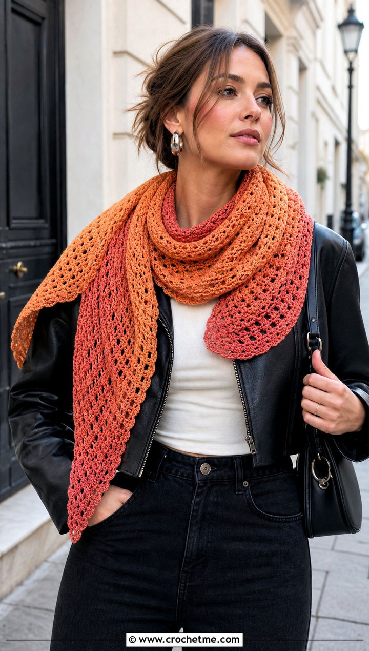 Crescent Crochet Fade Shawl With Leather Jacket - 15 Crochet Fade Shawl outfit ideas