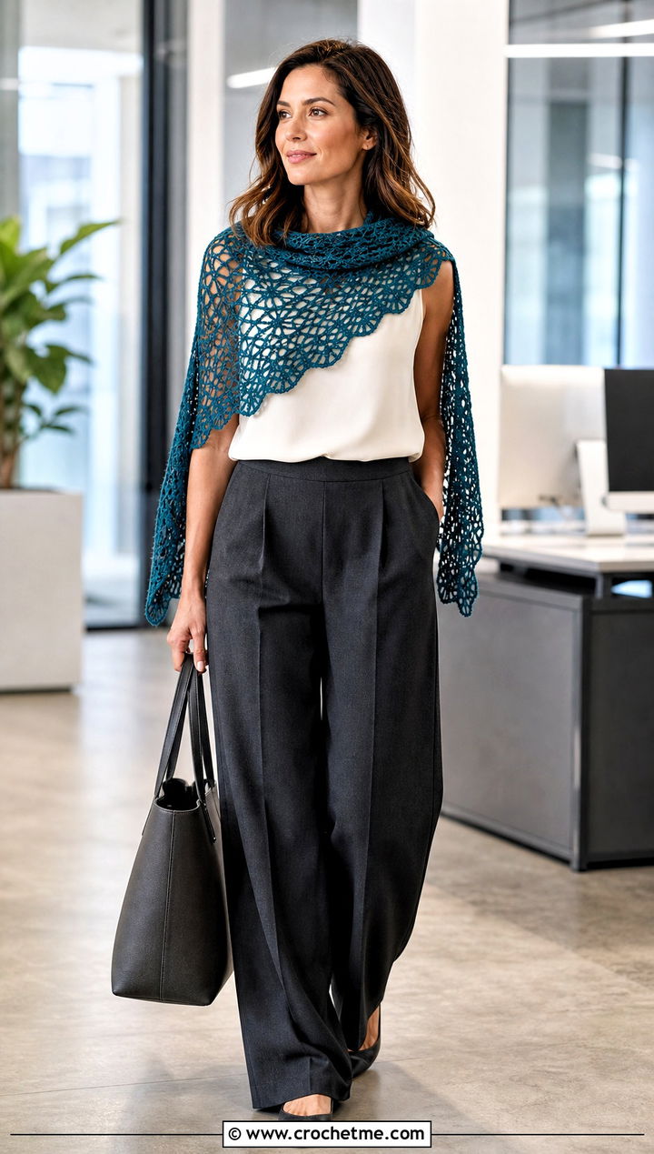 Crescent Crochet Lace Shawl With Tailored Trousers - 30 easy crochet lace shawl outfit ideas
