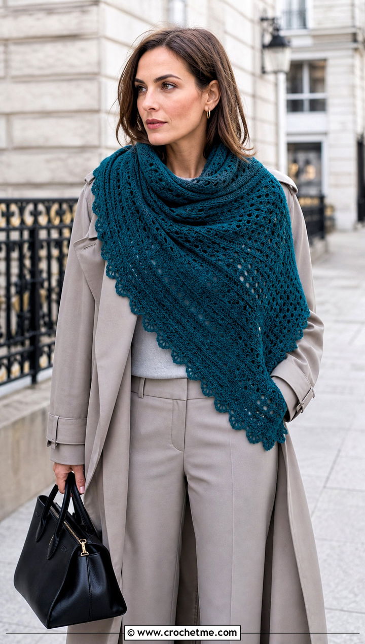 Crescent Crochet Long Shawl With Trench Coat - 20 Crochet Long Shawl outfit ideas