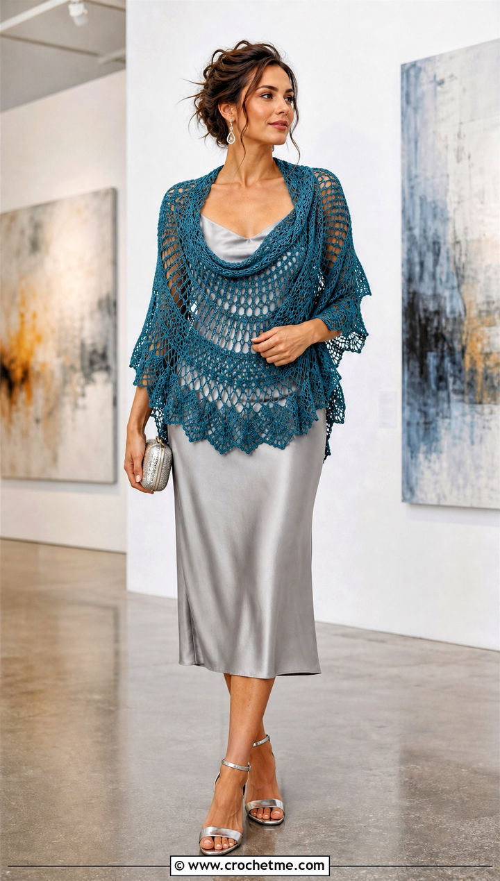 Crescent Crochet Mandala Shawl With Slip Dress - 25 Crochet Mandala Shawl outfit ideas