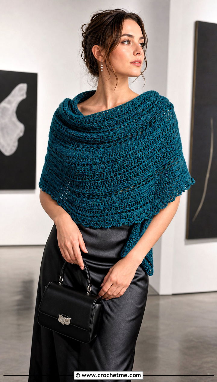 Crescent Crochet Mantle Scarf With Slip Dress And Boots - 20 Crochet Mantle Scarf outfit ideas