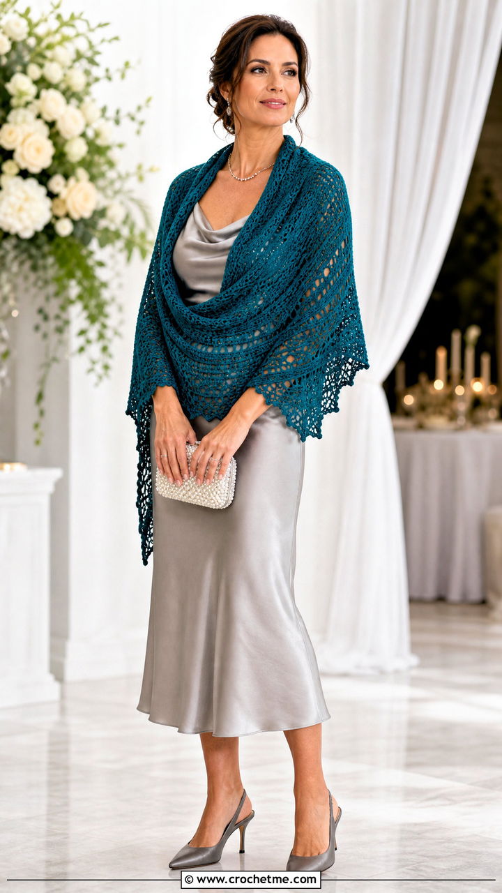 Crescent Crochet Prayer Shawl With Satin Dress And Heels - 35 easy crochet prayer shawls outfit ideas