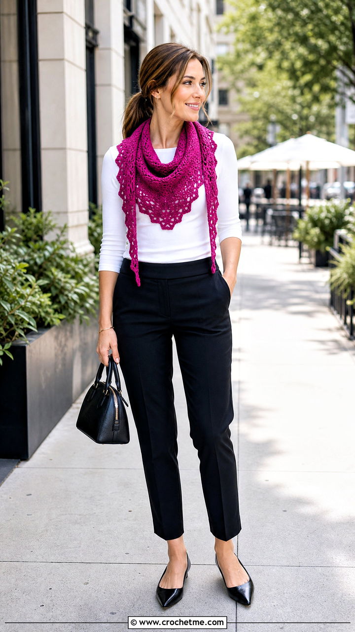 Crescent Crochet Scarf With Boatneck Top and Cigarette Pants - 35 easy one skein crochet scarf outfit ideas