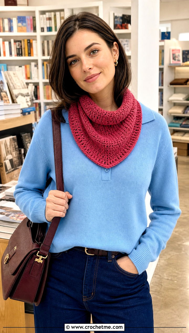 Crescent Crochet Scarf With Polo Sweater And Straight Jeans - 15 Dainty Crochet Scarf outfit ideas