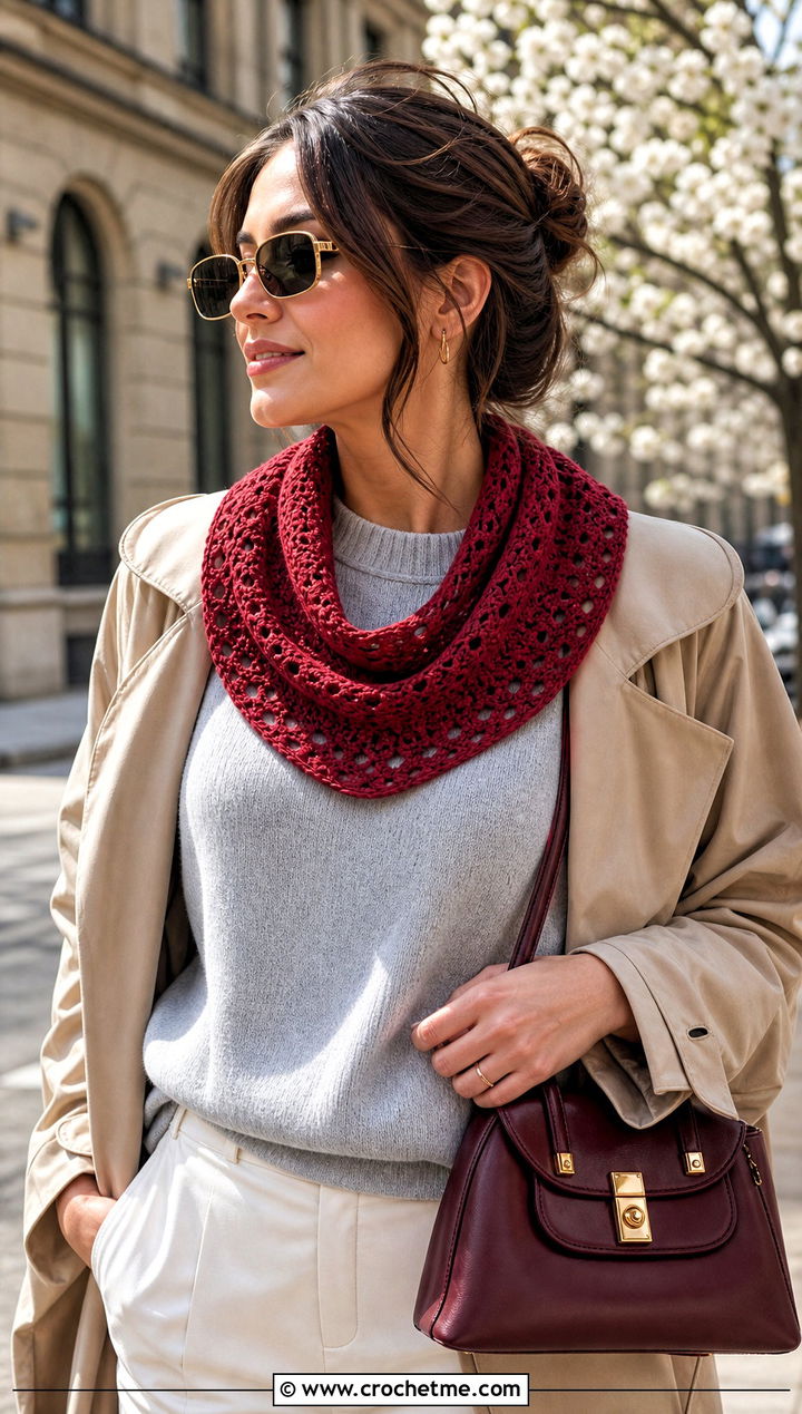 Crescent Crochet Scarf With Trench Coat - 15 Light Weight Crochet Scarf outfit ideas