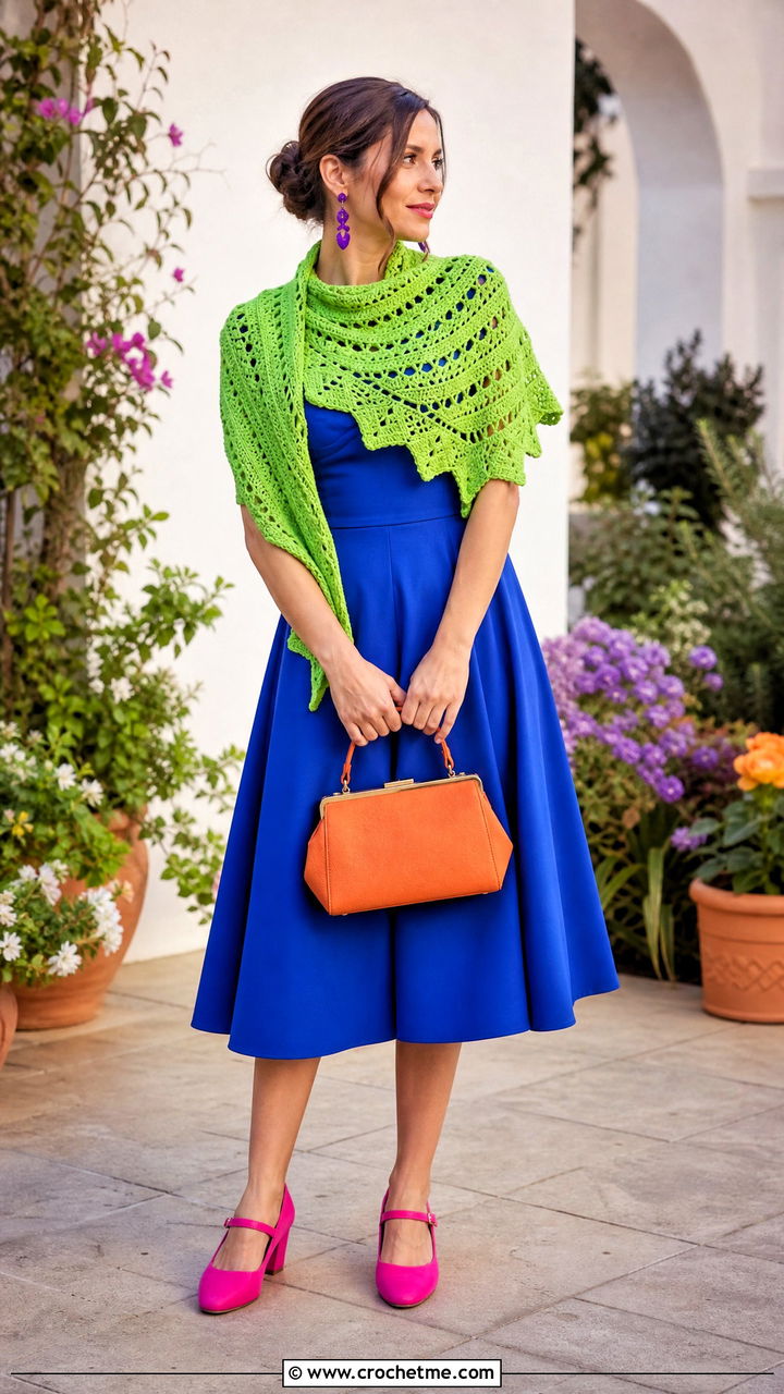 Crescent Crochet Shawl With A Fit And Flare Dress - 35 crochet shawl outfit ideas