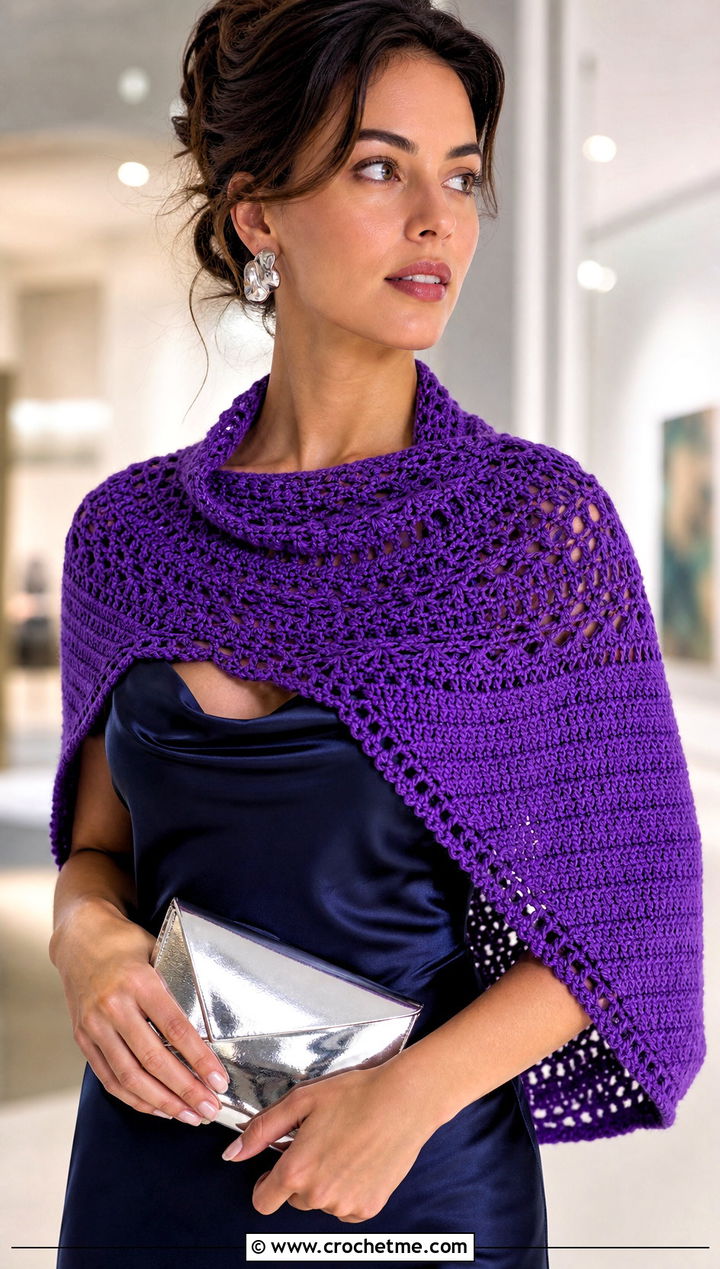 Crescent Crochet Shawl With A Satin Slip Dress - 15 bright crochet shawl outfit ideas