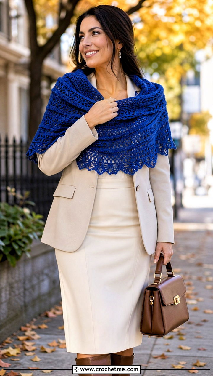 Crescent Crochet Shawl With Blazer And Skirt - 25 crochet for shawls outfit ideas