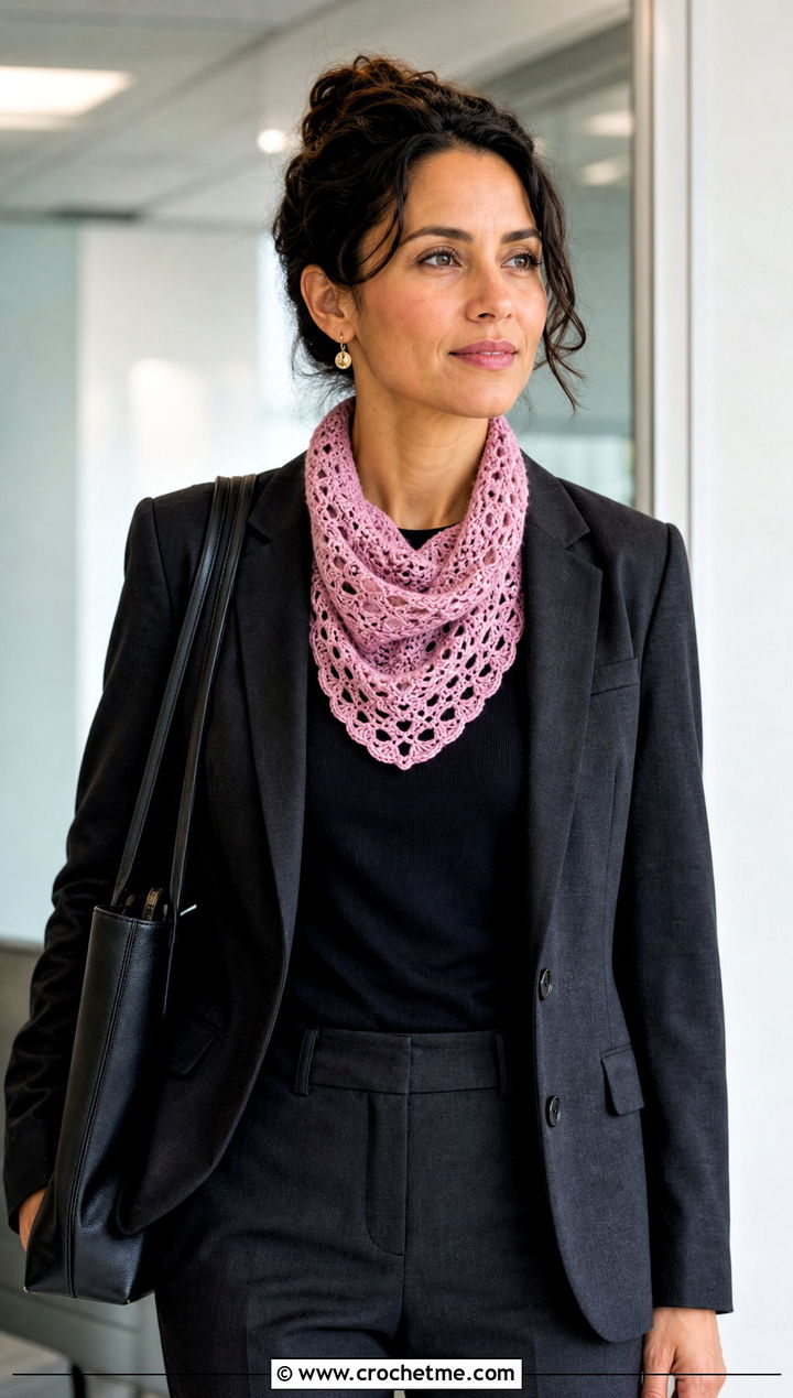 Crescent Crochet Shawl With Blazer And Trousers - 20 Light Weight Crochet Shawl outfit ideas