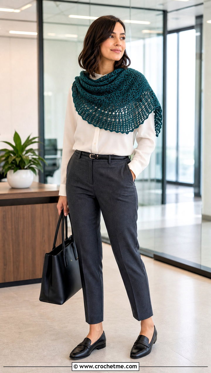 Crescent Crochet Shawl With Blouse And Tailored Trousers - 15 Easy Crochet Shawls outfit ideas