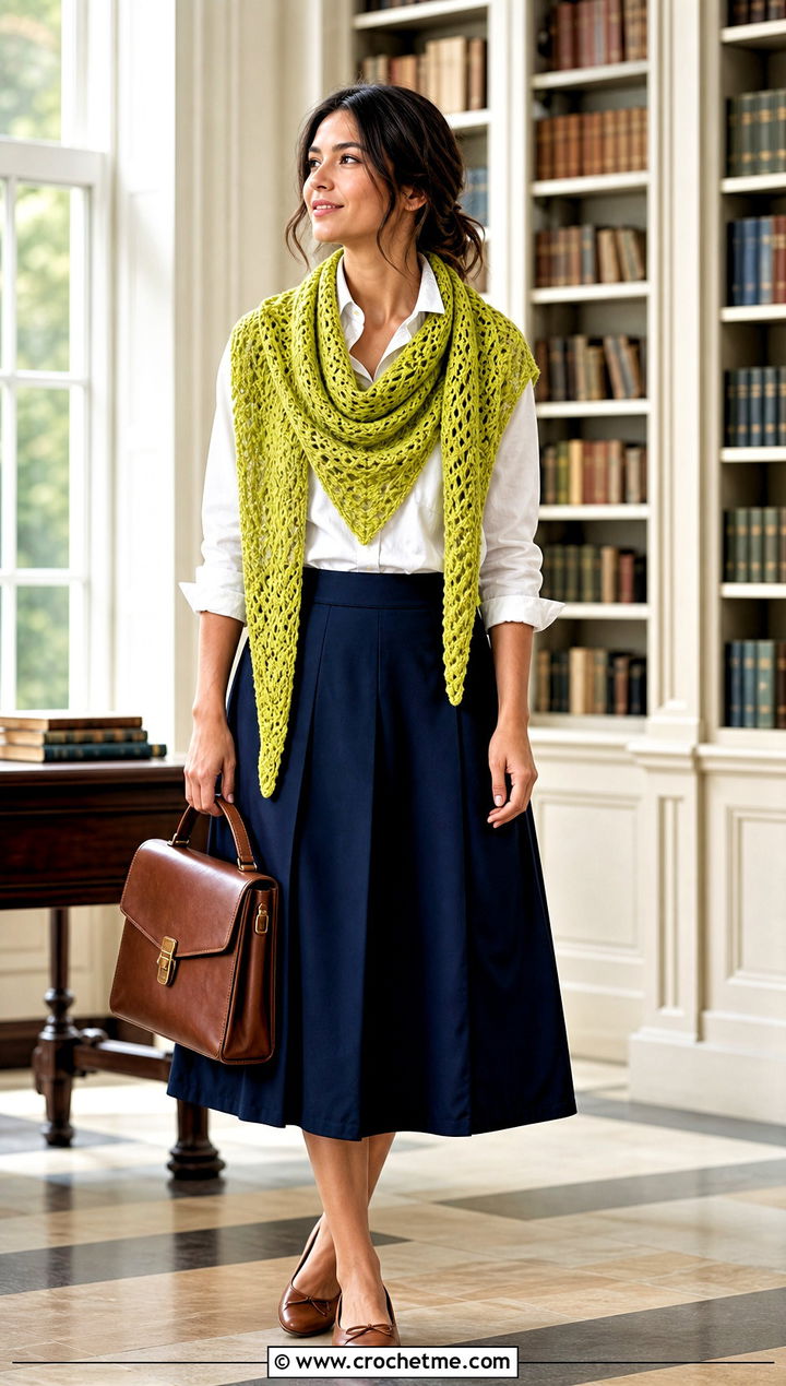 Crescent Crochet Shawl With Button Down Shirt And Midi Skirt - 25 Spring Crochet Shawl outfit ideas