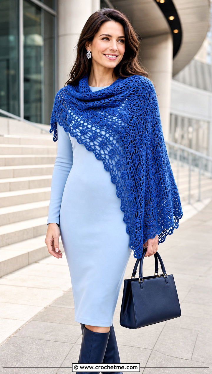 Crescent Crochet Shawl With Column Midi Dress - 20 Elegant Crochet Shawl outfit ideas