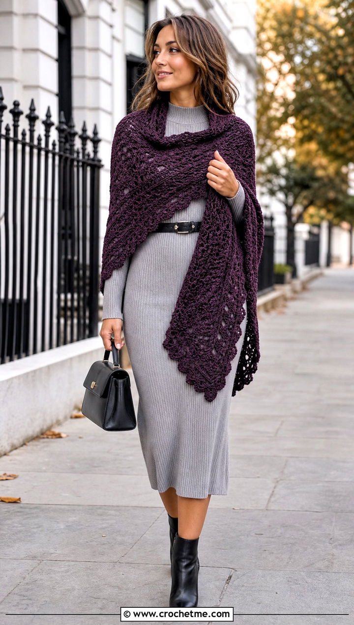 Crescent Crochet Shawl With Knit Dress And Ankle Boots - 30 simple crochet shawls and wraps outfit ideas