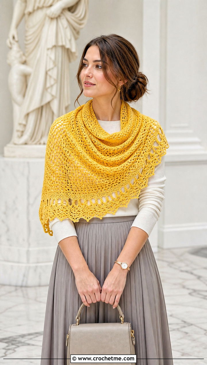 Crescent Crochet Shawl With Pleated Midi Skirt - 25 Crochet For Shawl outfit ideas