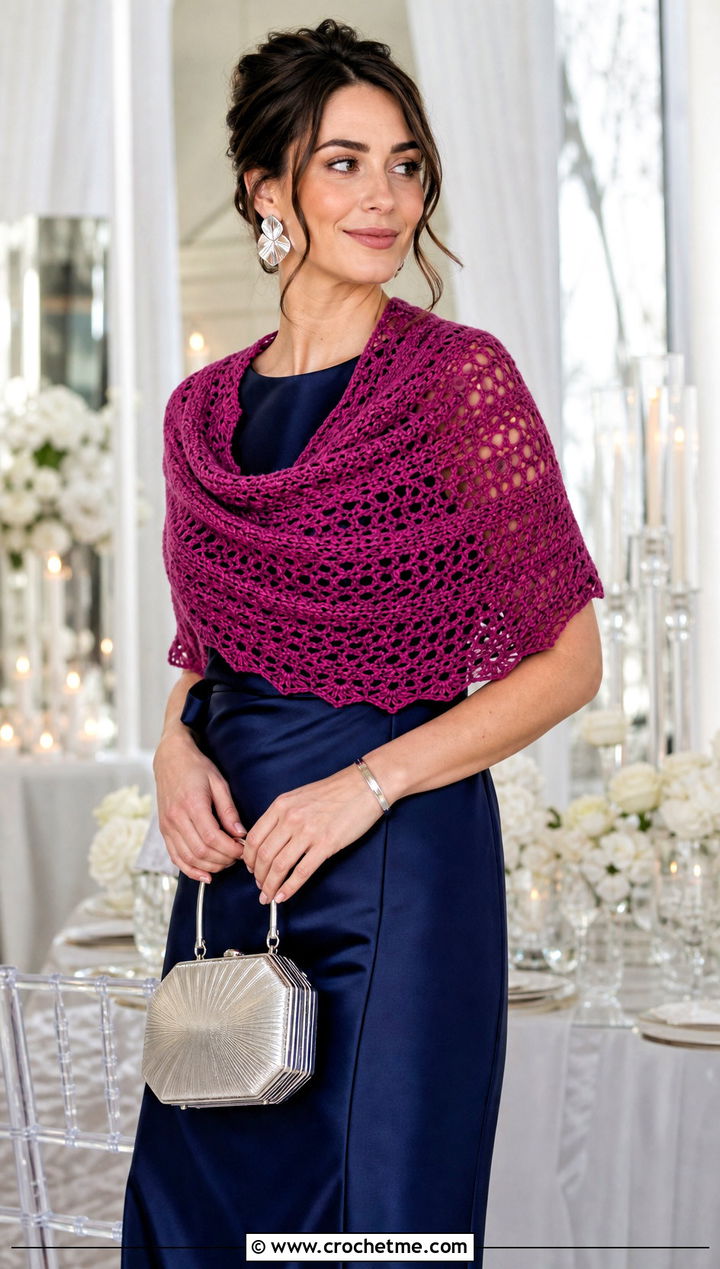 Crescent Crochet Shawl With Satin Midi Dress - 15 Winter Wedding Crochet Shawl outfit ideas
