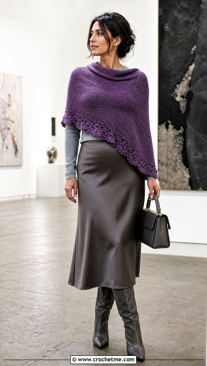 Crescent Crochet Shawl With Satin Midi Skirt - 25 Fall Crochet Shawl outfit ideas