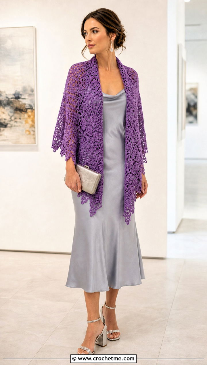 Crescent Crochet Shawl With Satin Slip Dress - 30 crochet shawl wraps outfit ideas