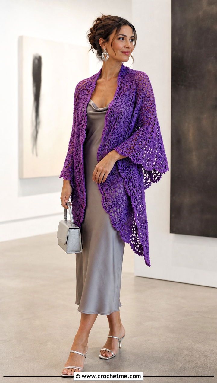 Crescent Crochet Shawl With Satin Slip Dress - 25 Crochet A Shawl outfit ideas