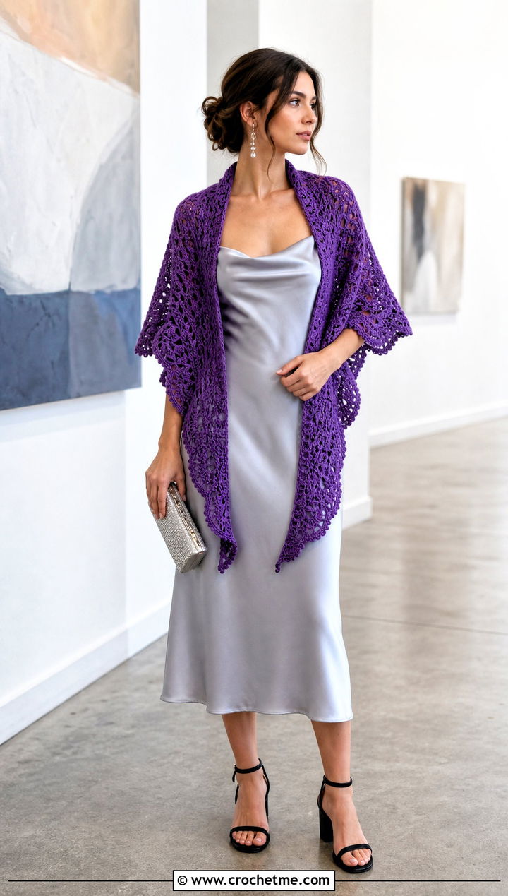 Crescent Crochet Shawl With Satin Slip Dress - 20 Crochet Shawl Worsted Weight Yarn outfit ideas