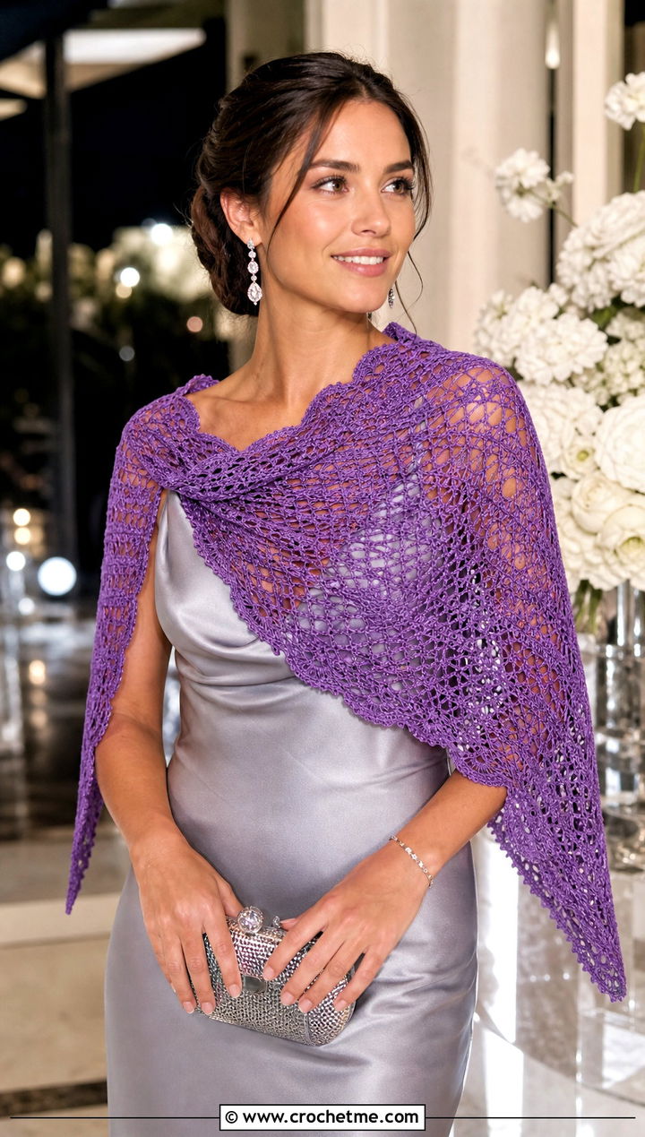 Crescent Crochet Shawl With Satin Slip Dress - 30 crochet shawl wrap outfit ideas