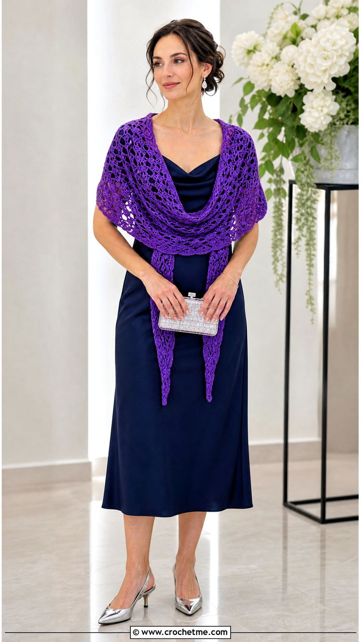 Crescent Crochet Shawl With Slip Dress - 35 crochet shawls and wraps outfit ideas