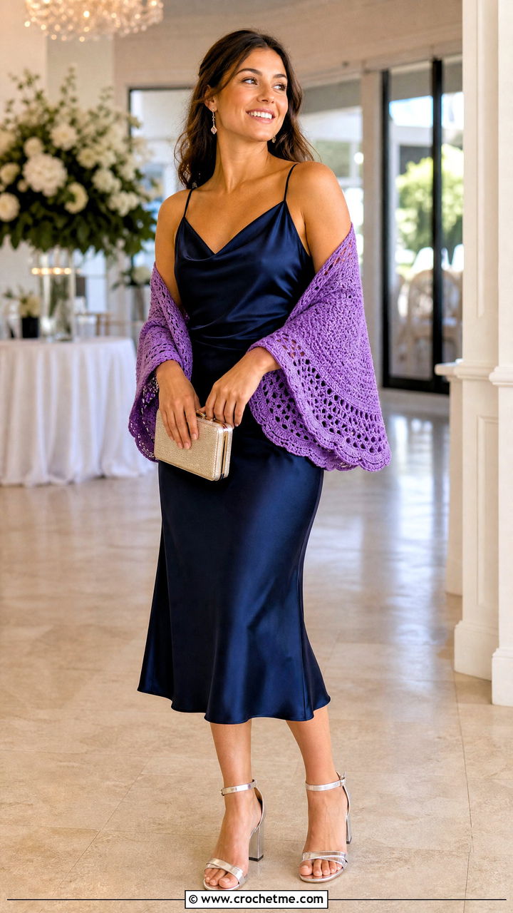 Crescent Crochet Shawl With Slip Dress - 35 Crocheted Shawls And Wraps outfit ideas