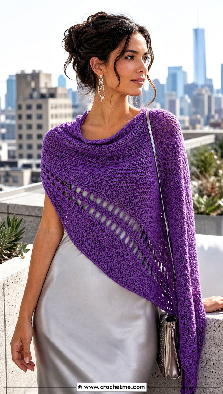 Crescent Crochet Shawl With Slip Dress - 30 summer crochet shawl outfit ideas