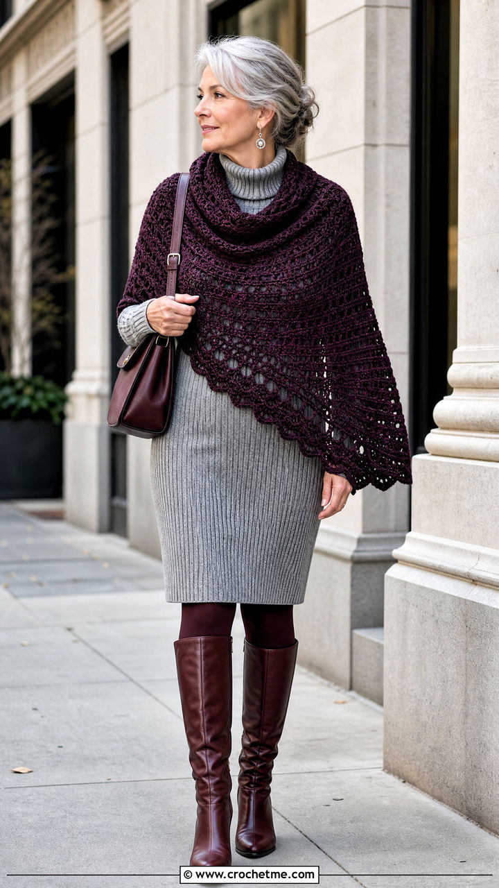Crescent Crochet Shawl With Sweater Dress - 35 crochet wrap outfit ideas