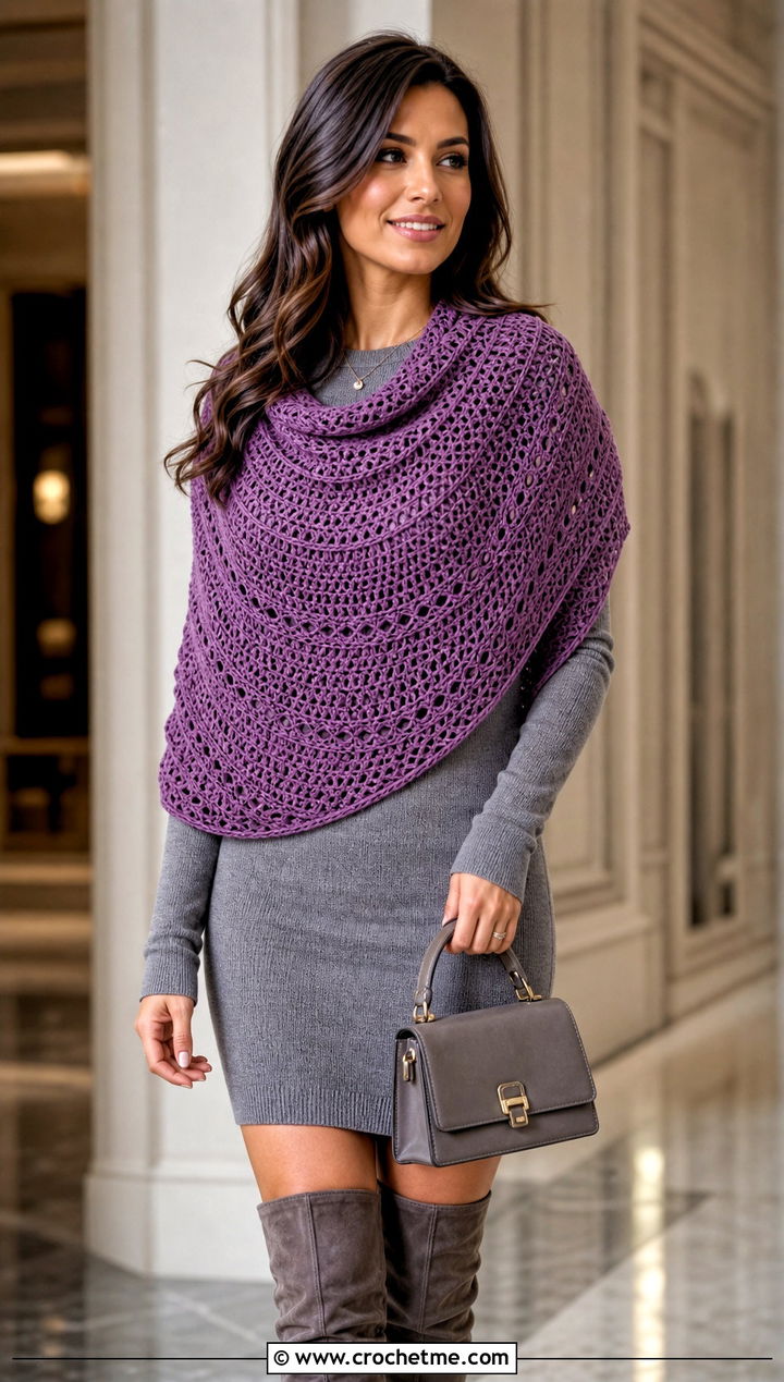 Crescent Crochet Shawl With Sweater Dress - 30 winter crochet shawl outfit ideas