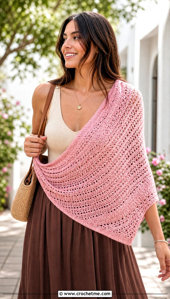 Crescent Crochet Shawl With Tank And Maxi Skirt - 15 Never Ending Crochet Shawl outfit ideas